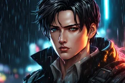 levi in 8k sci-art drawing style, levi custom, neon effect, close picture, rain, apocalypse, intricate details, highly detailed, high details, detailed portrait, masterpiece,ultra detailed, ultra quality