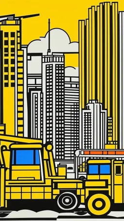 A yellowish orange colored district with construction trucks painted by Roy Lichtenstein