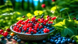 A summer picture with freshly picked forest berries (lingonberry, blueberry, raspberry)