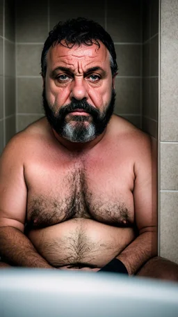 wide angle photography of a 50 year old italian man burly chubby bearded, completely wet, in tracksuit, sitting on the floor in public restroom, under the shower, photorealistic, ambient occlusion photorealistic, side light, emotive eyes. 35mm lens, view from the bottom