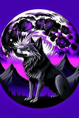 a big wolf behide it purple and black mountains with a moon in the sky