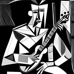 picasso man with guitar cubisme only lines black and white