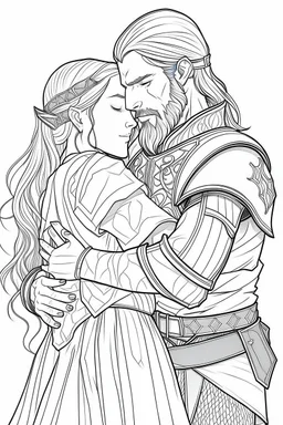 Fantasy coloring page, minimal detail. HD. Woman hugging a male knight with a beard. No background detail.