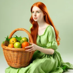 A beautiful young woman with orange hair sitting in a light green dress with a basket full of mangoes. All on a light background that can be easily removed.