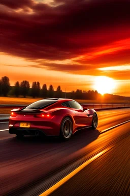 red sports car speeding along the highway at sunset