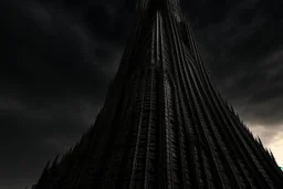 A twisted, dark, cathedral/tower stretching into a cracked sky