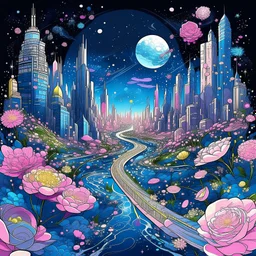 città cosmica con sentiero di fiori rosa azzurro e argento e oro