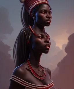 Negra Francisca, beautiful, African slave, simple red fabric dress, long black hair, red headband, head and shoulders portrait, 8k resolution concept art portrait by Greg Rutkowski, Unreal Engine 5 volumetric lighting