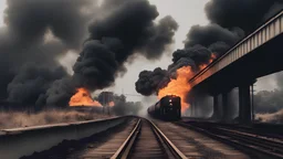 make me a YouTube thumbnail about a train carrying fuel burning on a bridge, an explosion and black smoke appearing