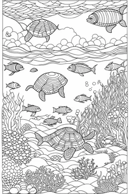 STRESS RELIEF themed coloring page for adult, cartoon style, thick outline, low details, no shading, no color, A serene underwater world with gliding sea turtles and coral