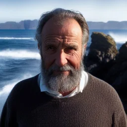 award winning portrait photo of an older male medieval grizzled sailor in a knitted sweater with wrinkles on face, ocean, waves, mountain cliffside with breaking waves, stormy, sinister, evil, (backlighting:1.3), digital painting, concept art, smooth, sharp focus, rule of thirds, dark fantasy,intricate details, medium shot