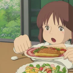 Cute girl overeating a lot of food happily