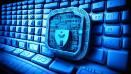 The image closely depicts a computer keyboard secured with a complex digital lock. The blue and white colors reflect the technological and security aspects of the subject. As an expression of digital protection and a focus on security in the era of digital communication, this image represents the balance between technology and personal safeguarding.