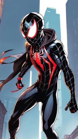 miles morales mix with venom symbiote in solo leveling shadow artstyle, Street boy them, intricate details, highly detailed, high details