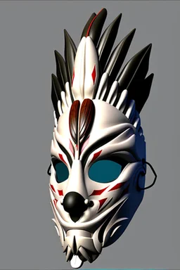 Ultra realistic 3d rendering of a minautor avantgarde mask with tribal paintings on it and paon feathers