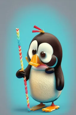 Cartoon character penguin eating lolly stick