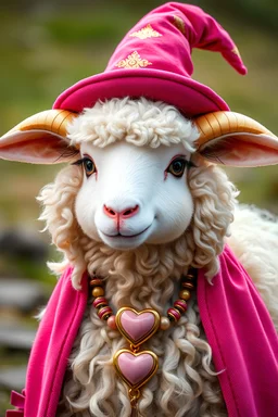 Anthro sheep, fluffy sheep hair, pink wizard Hat, magical , gold and pink heart shaped jewelry, full body