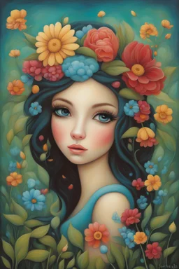 Painting of a Girl with Flowers on Her Head, Garden, by Jeremiah Ketner