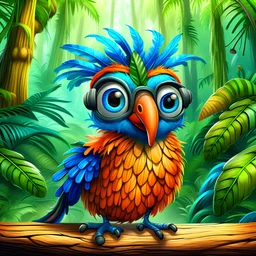 A whimsical, cartoonish bird with messy, fluffy feathers stands on a wooden floor. It has large, expressive blue eyes, a small orange beak, a blue bandana tied around its head, and oversized round glasses. The lush rainforest background enhances the whimsical character of the bird, with vibrant green foliage and colorful tropical flowers.