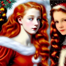 young Cintia Dicker and teen Robyn Lively, beautiful faces, meticulously detailed red hair; Christmas sleigh, horses; ethereal fantasy maximalist matte painting. Hues of Christmas. Hideo Kojima. realistic oil painting. Victorian era portrait painting, snowflakes, holly, pinecones, old fashioned, vintage, antique, beautiful, renaissance, 16k