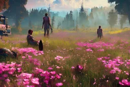 a landscape of farcry new dawn pink flowers , photorealistic, trending on artstation