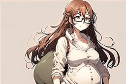 full body of a brown haired anime manga pregnant girl with eyeglasses