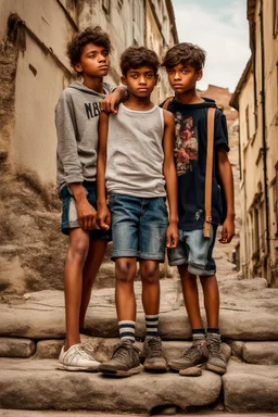 three teenage street children two boys and one girl in book-cover poses on the screen of old town