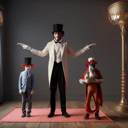 A magician stands in front of a group of children who sit in front of him on a mat on the floor and pulls out a rabbit from a top hat, the children look open-mouthed and wide-eyed and clap their hands, in the background a parrot stands on a pole and observes what is happening