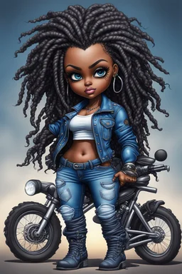 create an airbrush illustration of a chibi cartoon voluptuous black female wearing a blue jean outfit with biker boots. Prominent make up with hazel eyes. Extremely highly detail of a twisted dreadlocks. Background of a bike show.