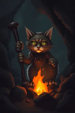 neanderthal cat with club and cave fire