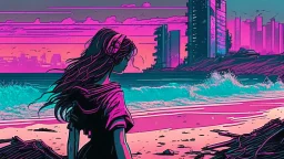 synth-wave beach & city, lone girl, iconic:1.8), comic style