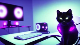 Cute black cat sitting on a gaming chair, in front of a gaming PC table, in a dark room with purple lights and gaming posters, atmospheric, gorgeous, realistic