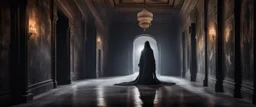 Hyper Realistic transparent black ghost between a huge dark hallway of a historical Indian palace with peeling wall paints at night