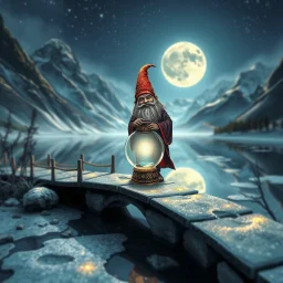 airbrush and pen outline, a glittering Deep Gnome (Svirfneblin) magician holding huge glass bucket lantern balancing on frozen bridge pond, huge mountains and moon reflecting on pond, goa psy ambient in the style of vangelis and fsol, source vibrations, bokeh like f/0.8, tilt-shift lens 8k, high detail, smooth render, down-light, unreal engine, prize winning