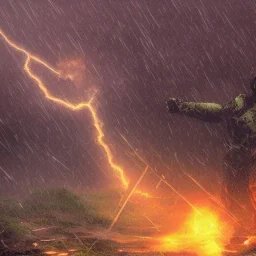 doom scenary. Heavy rain. Epic Lighting in the sky. Knight with magic scroll. Falling meteorite from the sky. Meteorite burning in the distance. Dark mud.