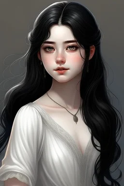 a 16 year old woman, white skin, medium length wawy black hair, beautiful round face, black eyes, round body, in a white dress, realistic epic fantasy style