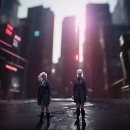 A wide-angle shot of a young, white-haired attractive woman standing on a sidewalk in a cyberpunk city.