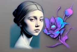 flower cut, girl with pearl earring S<AI in moonlight, shaded pastel and charcoal drawing, bioluminescent, holographic