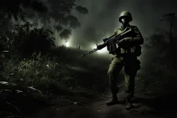 Spectral ghost of a headless soldier carrying a Thompson machine gun through the Congo at night