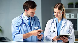 male and female doctor with stethoscope looking at herbal plant and smiling