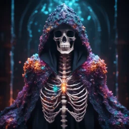 gigantic scarry dark hooded crystal skeleton made of marble, bright colors, glowing sparkle particles, dark tone, sharp focus, contrast, 8k, incredible depth, dramatic lighting, beautifully intricate details, clean environment, epic dynamic scene