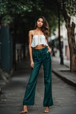 full body shot Young woman, 20 years old, wearing nice pant and top walk in street,looking to camera