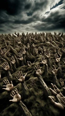 a field of thousands of hands of bodies buried in the ground not visible, horror, hands in different shapes coming out from the ground towards the sky Busch painting style nightmare
