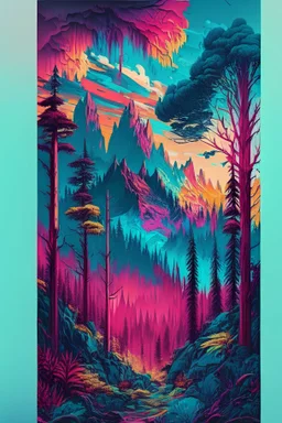 a colorful forest in the wilderness with trees and mountains, in the style of poster art, hyper-detailed, richly colored skies, sgrafitto
