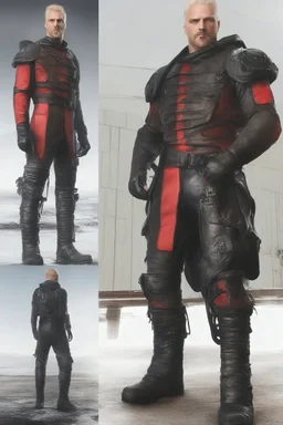 ProtoVision - Absolute Reality - Realism Engine XL - PhotoReal, a man, 6'7.5'' tall, 310 lbs, blonde hair, long, extremely muscular, skintight, formfitting jumpsuit, knee-high black leather combat boots, red diamond on the chest