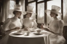 arafed bizarre whimsical folk art, heavy surrealism, two (((translucent wireframed dames))) wearing elegant hat are having tea, amazing transparency,fine reflections, delicate lines, remote elegance, sunny porch afternoon vibe
