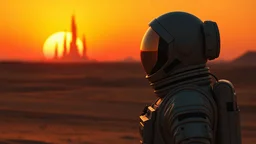 close up portrait a lone astronaut stands on an alien desert, the sun setting in vibrant hues of orange and yellow and red. His helmet reflects the light as he gazes at towering structures on the horizon—remnants of a once-great civilization. With every step through the barren sands, the weight of his mission grows heavier. Is he a pioneer, The silence and black shadows around him , surreal, dark sci-fi, utopistic vibe