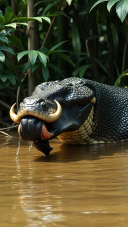 A giant Anaconda snake in the Amazon jungle swallowing a bull in her mouth , half of the bull is in her mouth