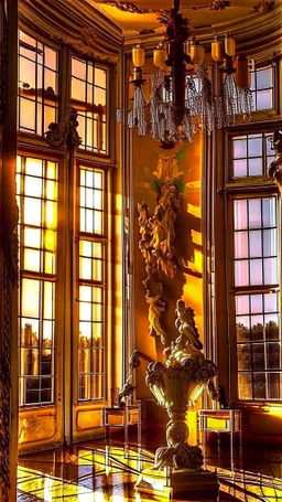 A beautiful image of the windows of the luxurious palace hall with two winged angel statues