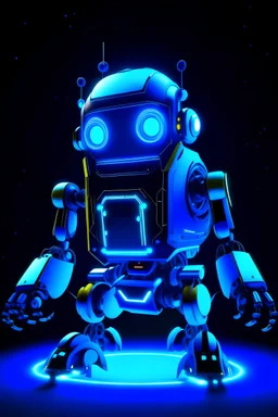 un robot en plano medio en el espacio con luces de neón y fondo azul oscuro